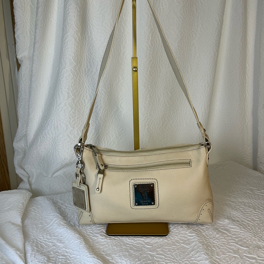 Tignanello Beige Leather Shoulder Bag with Silver Accents